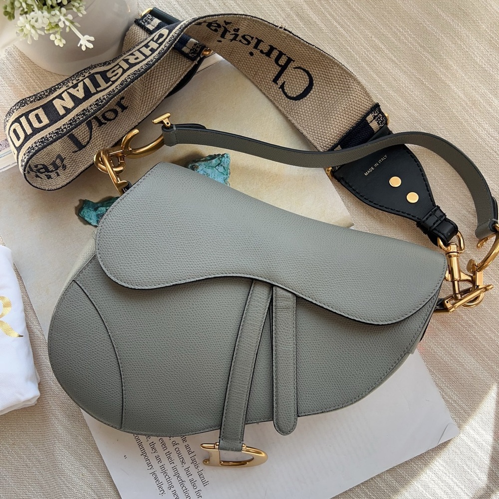 Dior Sage Grey Saddle Crossbody Bag with Branded Canvas Strap